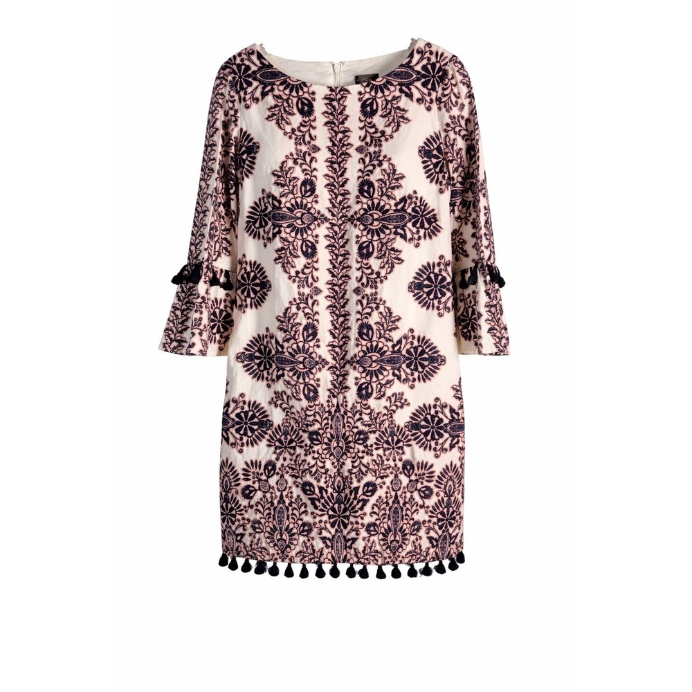 Vince Camuto Dress Sz 4 White Navy Blue Tassel Bell Sleeve Damask Boho Flaw